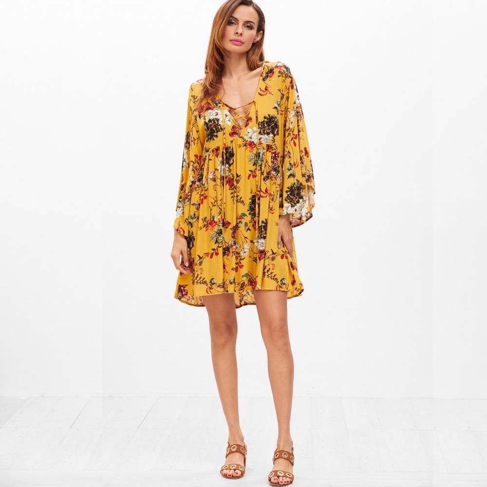Boho Lace Up Front Bell Sleeve Floral Dress Yellow - Picture 3 of 5